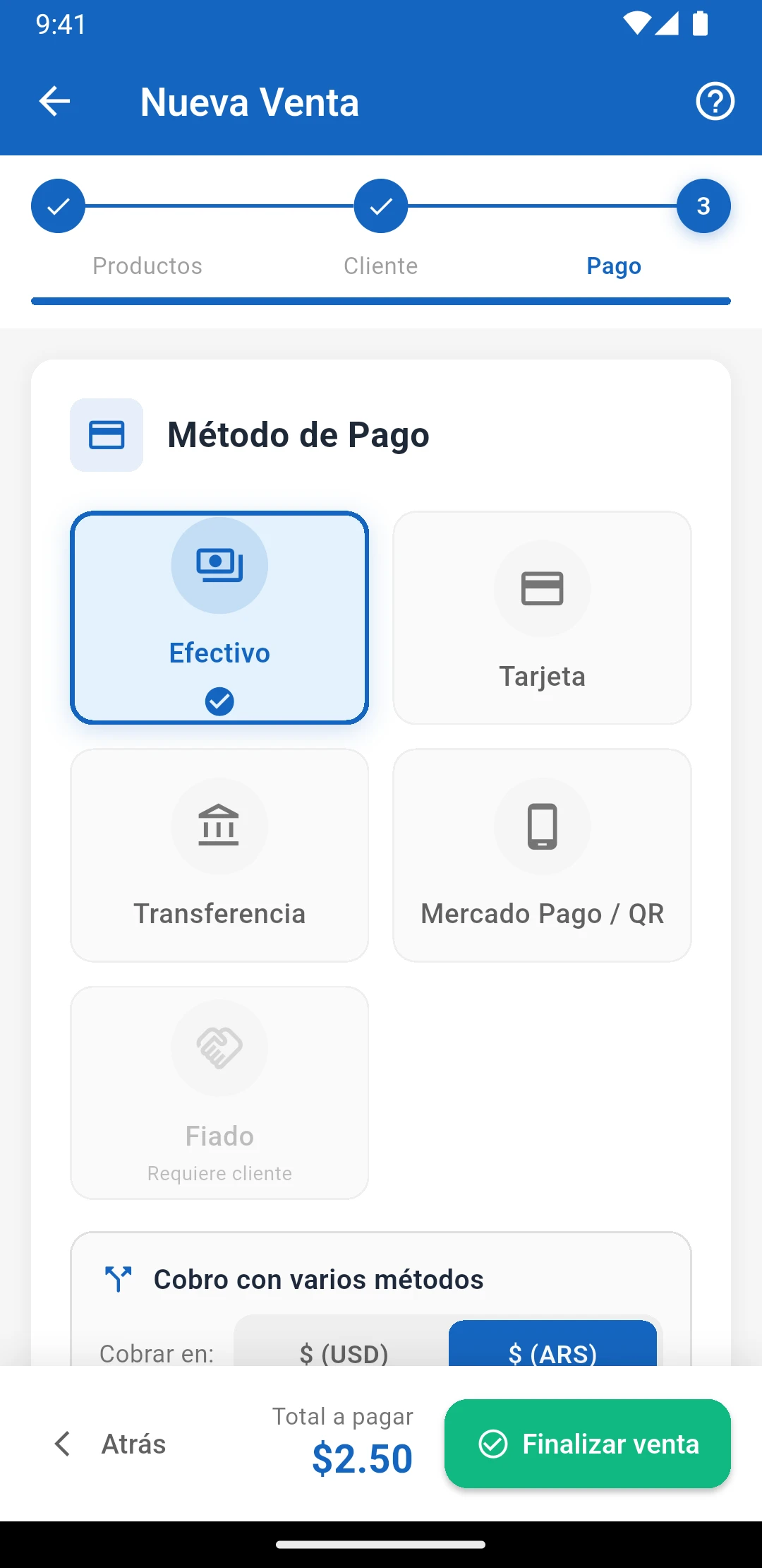 Pantalla de cobro de IUNCI: método de pago, total y botón Finalizar venta