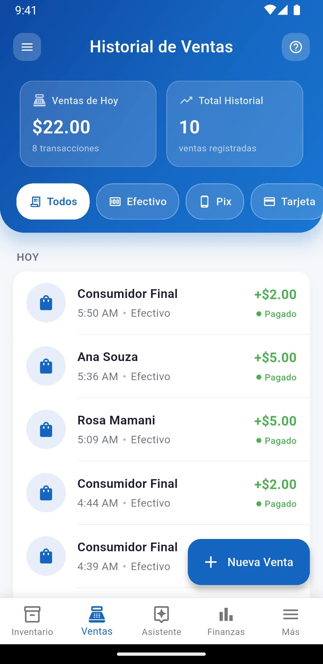 Historial de ventas de IUNCI con ventas en efectivo y pagos mixtos
