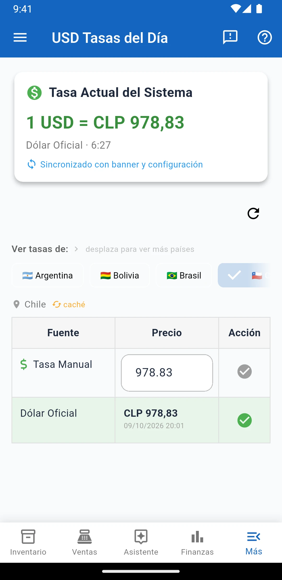 Pantalla de tasas del día de IUNCI con la tasa oficial y la tasa manual