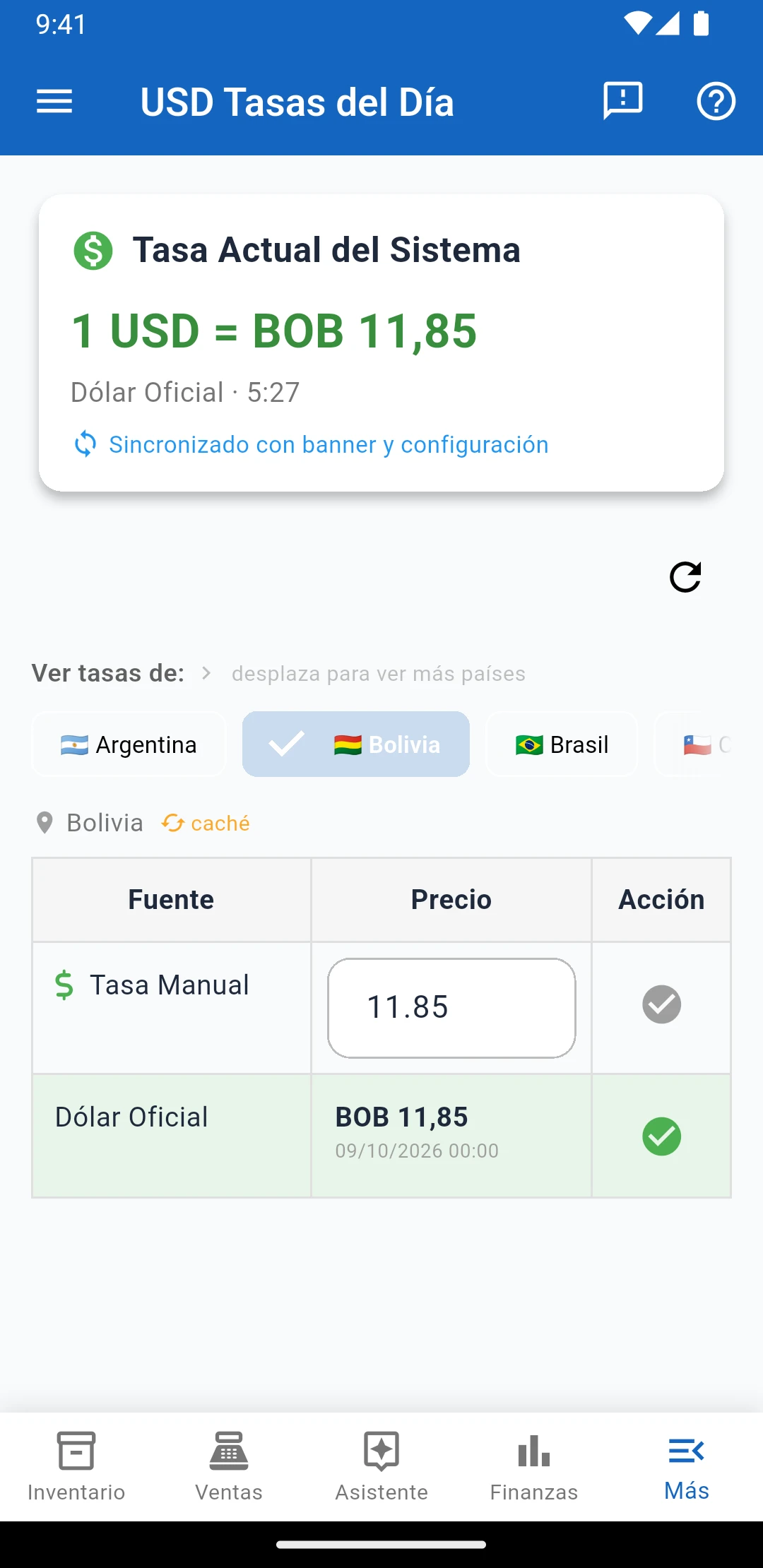 Pantalla de tasas del día de IUNCI con la tasa oficial y la tasa manual