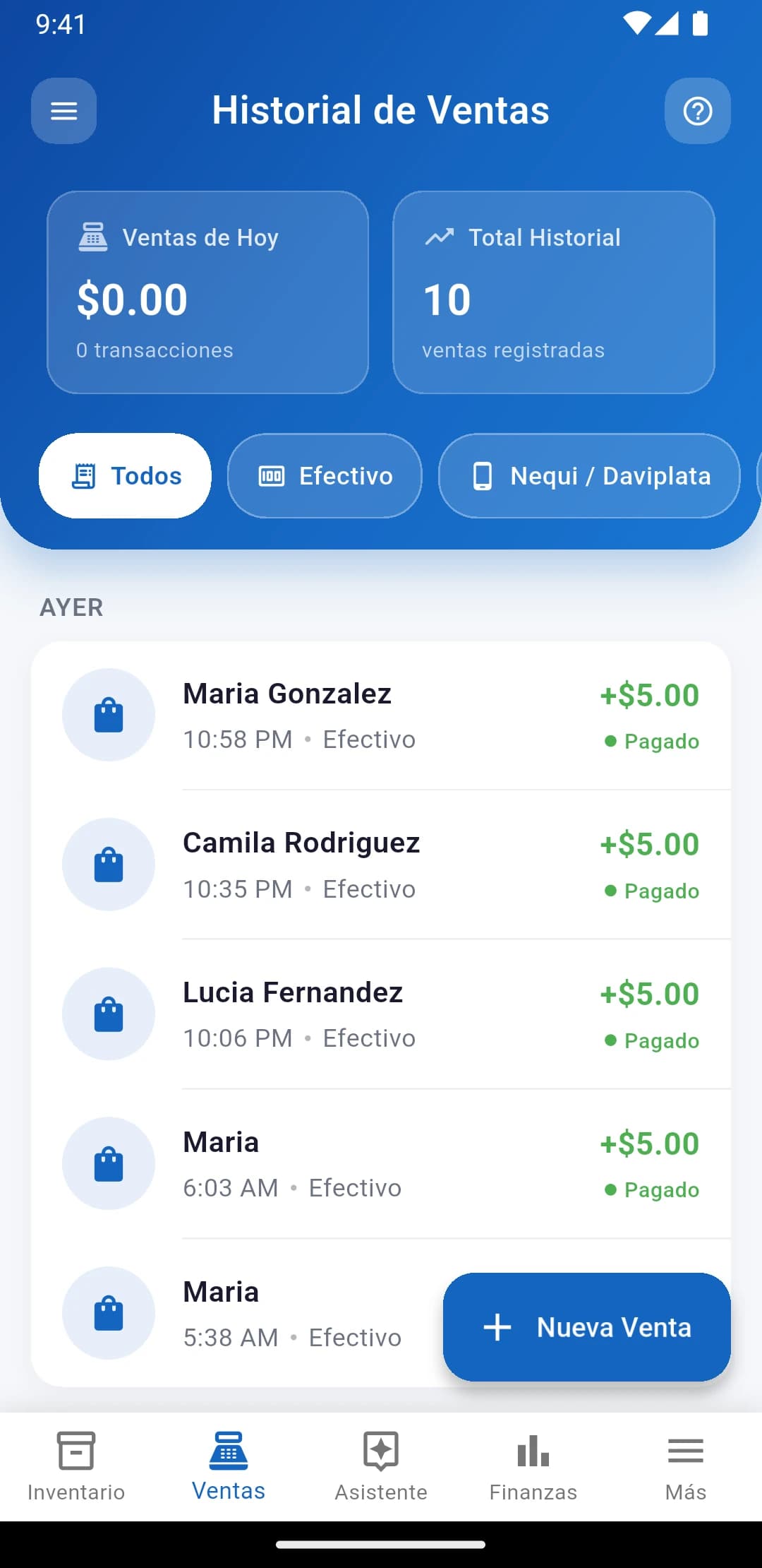 Historial de ventas de IUNCI con ventas en efectivo y pagos mixtos
