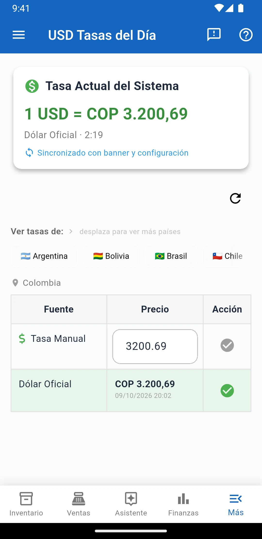 Pantalla de tasas del día de IUNCI con la tasa oficial y la tasa manual