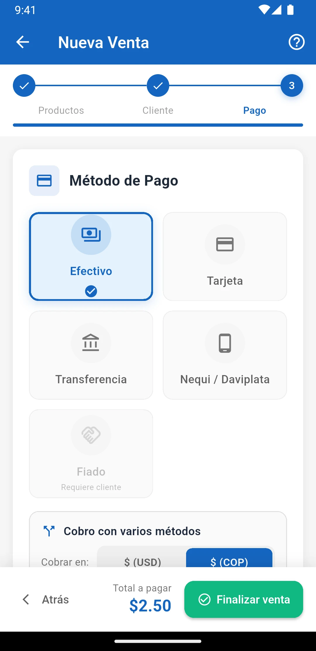 Pantalla de cobro de IUNCI: método de pago, total y botón Finalizar venta