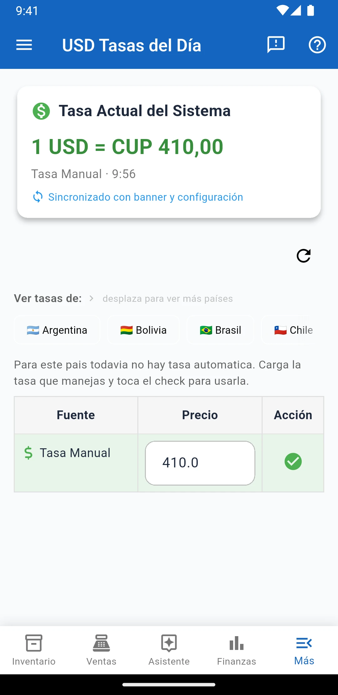 Pantalla de tasas del día de IUNCI con la tasa oficial y la tasa manual