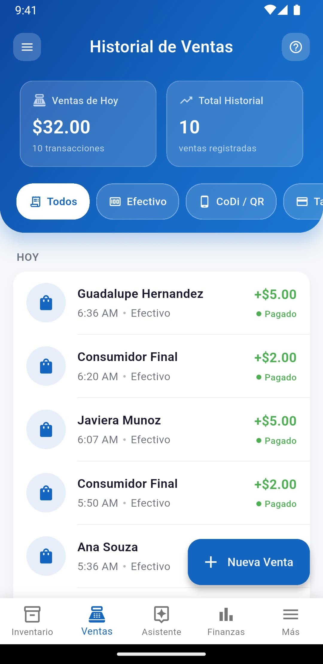 Historial de ventas de IUNCI con ventas en efectivo y pagos mixtos