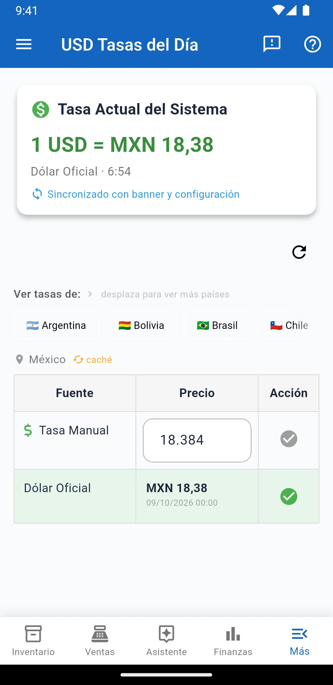 Pantalla de tasas del día de IUNCI con la tasa oficial y la tasa manual