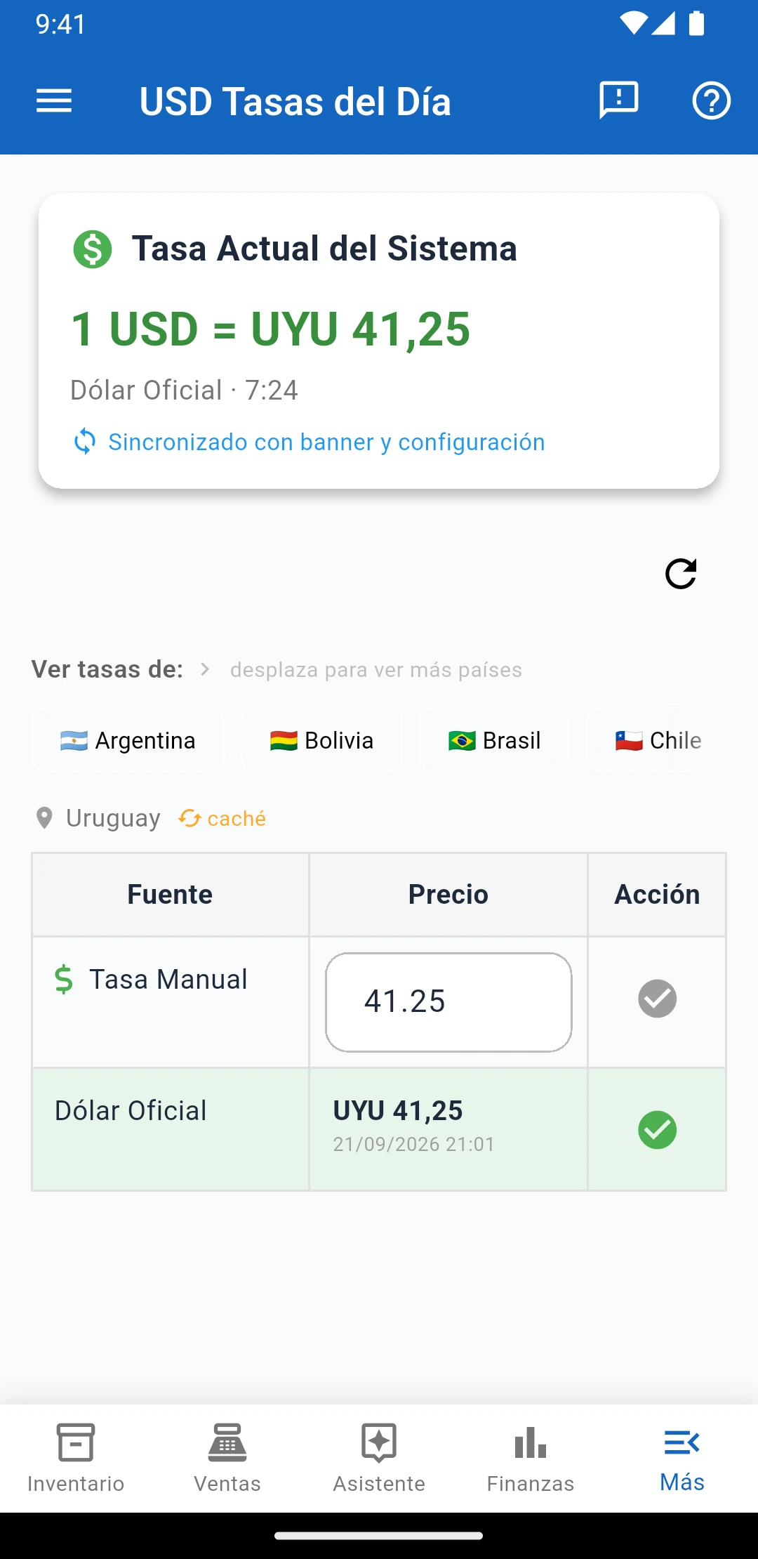 Pantalla de tasas del día de IUNCI con la tasa oficial y la tasa manual